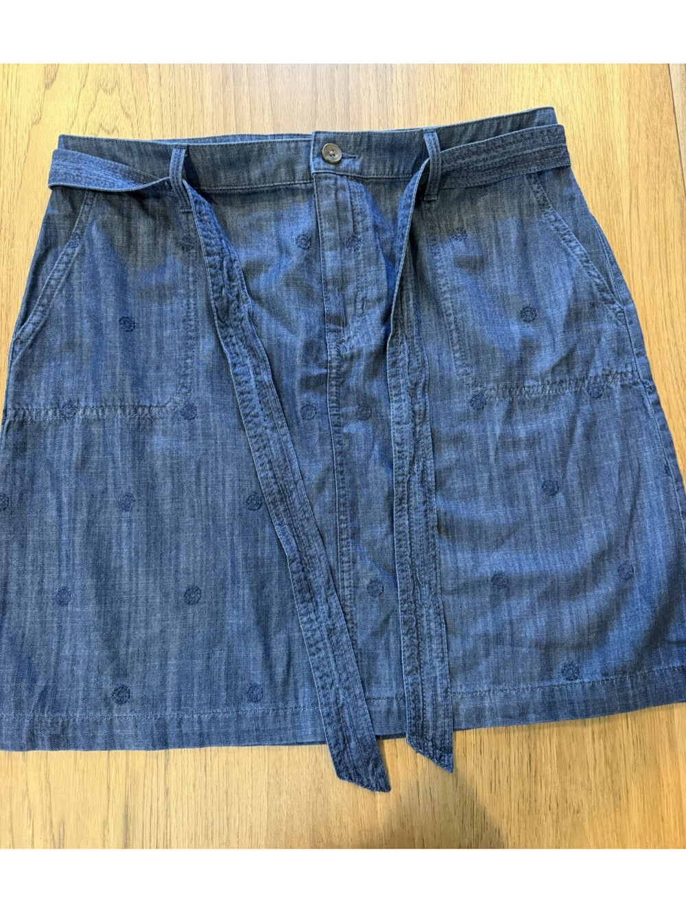 Talbots Womens Denim Tie Belt Jean Skirt Size 12P Medium Wash A-Line Short NWOT